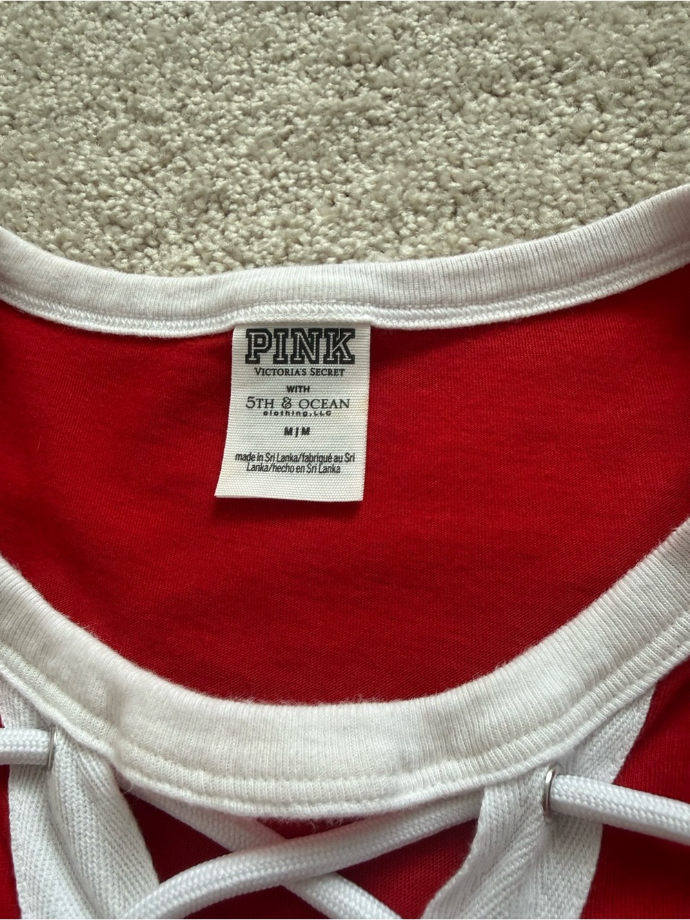 PINK Victoria's Secret Red Lace-Up Ringer Tee with White Trim - Picture 4 of 5